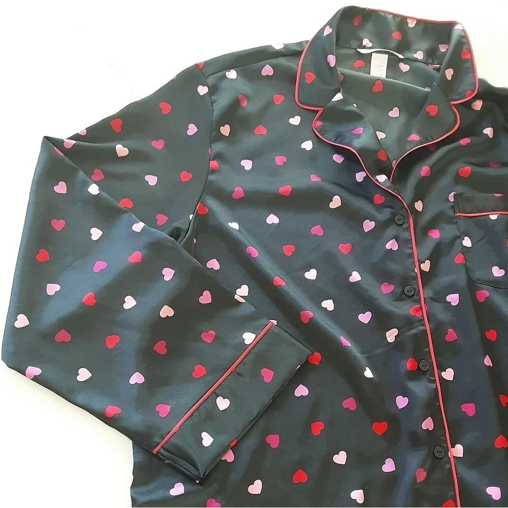 VICTORIA'S SECRET Black Satin Pink Hearts Pajama Shirt Sz XL